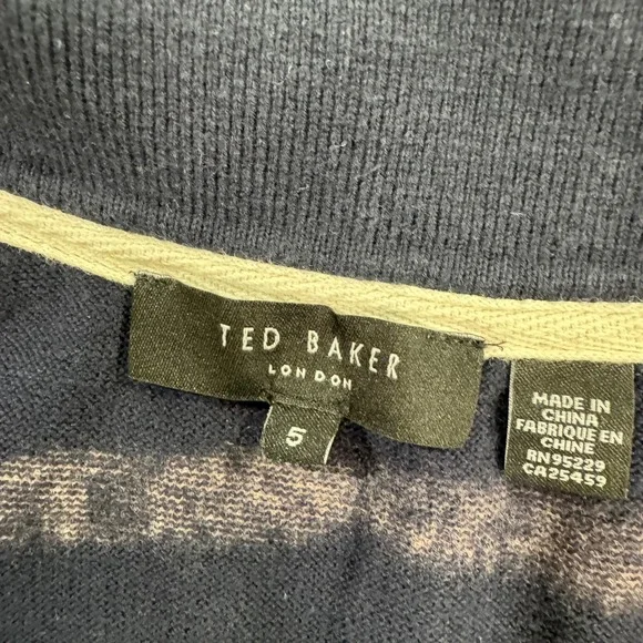 Ted Baker London Mens Size 5 XL Knit Polo Shirt Navy Blue Cream Striped Cotton - Picture 3 of 7